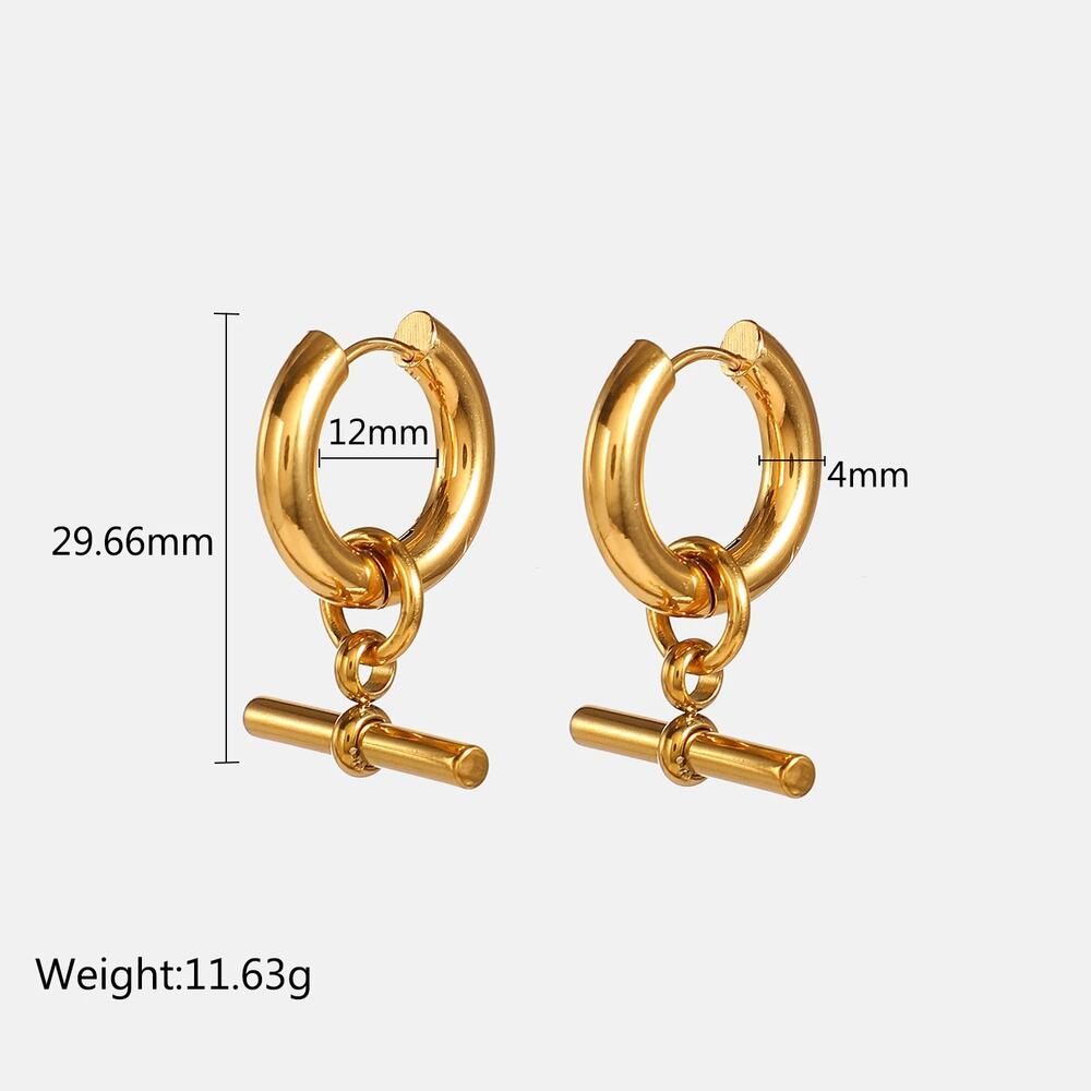Trendy Chic‎ T Bar Hoop Earrings 18K Gold Plated Stainless Steel - Picture 7 of 7